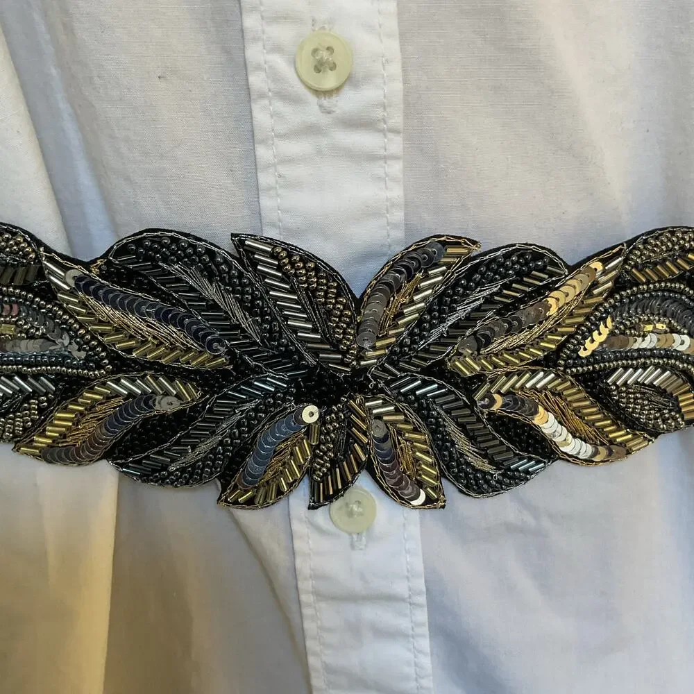 Silver Beaded Embroidered Boho Festival Floral Belt  Elastic Waistband NWT